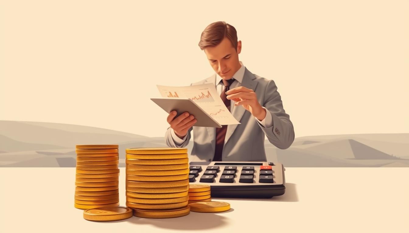 A detailed illustration of "Risk Management and Capital" in an elegant, minimalist style. In the foreground, a stack of coins and a calculator, symbolizing the financial aspects. In the middle, a person carefully evaluating risk charts and graphs on a tablet device. The background features a clean, abstract landscape with geometric shapes, representing the structured, analytical nature of risk management. Warm, muted lighting creates a contemplative atmosphere. Captured with a wide-angle lens to emphasize the depth and balance of the composition.