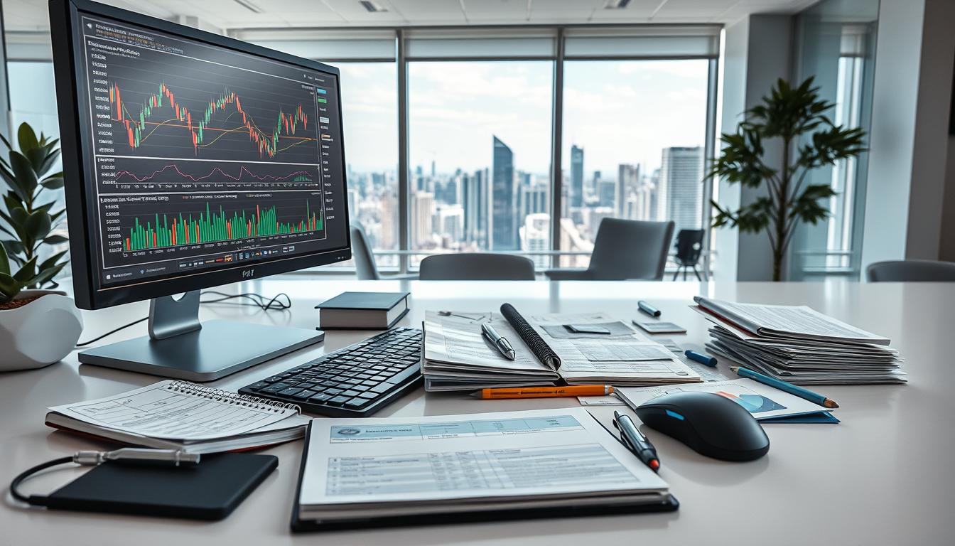 A detailed, high-resolution image of various trading tools and instruments arranged on a clean, minimalist workspace. In the foreground, a modern computer monitor displays trading charts and data, surrounded by a mouse, keyboard, and a trading journal. In the middle ground, an array of financial documents, such as stock certificates, bond certificates, and investment reports, are neatly organized. In the background, a clean, well-lit office setting with a large window overlooking a cityscape, conveying a sense of professionalism and expertise. The lighting is soft and natural, highlighting the textures and materials of the tools and documents. The overall mood is one of focus, discipline, and the tools necessary for successful trading.