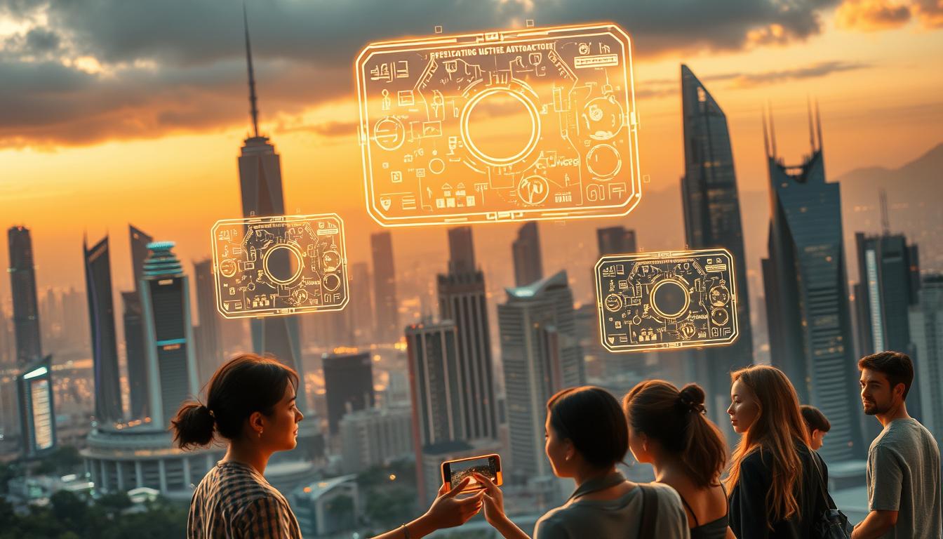 A futuristic cityscape with towering skyscrapers and advanced architecture, bathed in a warm, golden glow. Hovering above the skyline, sleek, sophisticated AI-powered applications manifest as glowing holographic interfaces, their intricate designs and complex algorithms visible within. In the foreground, a group of diverse individuals interact with these virtual applications, their expressions reflecting wonder, curiosity, and a sense of empowerment. The scene conveys a harmonious integration of human and artificial intelligence, showcasing the transformative potential of AI-driven technologies in shaping the world of 2025-2026.