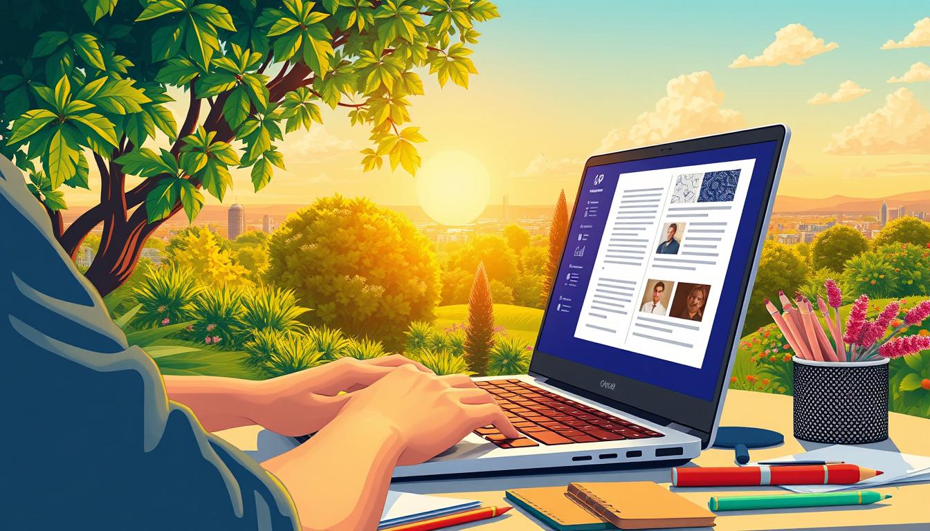 A vibrant, high-quality digital illustration depicting a person diligently crafting content on a laptop against a backdrop of lush greenery and a warm, sunlit sky. The scene conveys a sense of focus, productivity, and creative inspiration. The foreground features the person's hands typing on the keyboard, with the laptop screen reflecting an intricate, engaging design. The middle ground showcases a tidy, minimalist workspace with various stationery and design tools. The background presents a serene outdoor setting, with trees, flowers, and a distant cityscape providing a calming, inspirational environment. The overall mood is one of creativity, dedication, and the pursuit of high-quality content creation.