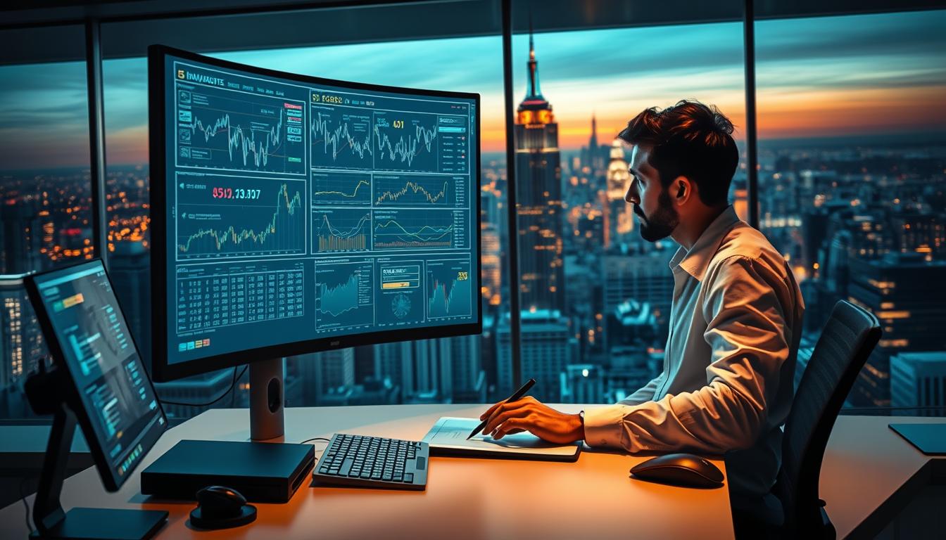 A detailed financial analysis of the stock market, depicted through a meticulously crafted visualization. The scene showcases a sleek, modern workspace, with a large, curved display screen at the center, displaying complex financial data and charts. In the foreground, a thoughtful analyst pores over reports and graphs, using a stylus to navigate the interactive interface. The middle ground features a minimalist desk setup, complete with a keyboard, mouse, and task lighting, all bathed in a warm, ambient glow. The background reveals a panoramic view of a bustling financial district, with towering skyscrapers and a pulsing cityscape. The overall atmosphere conveys a sense of focused contemplation, where critical insights are extracted from the wealth of market information.