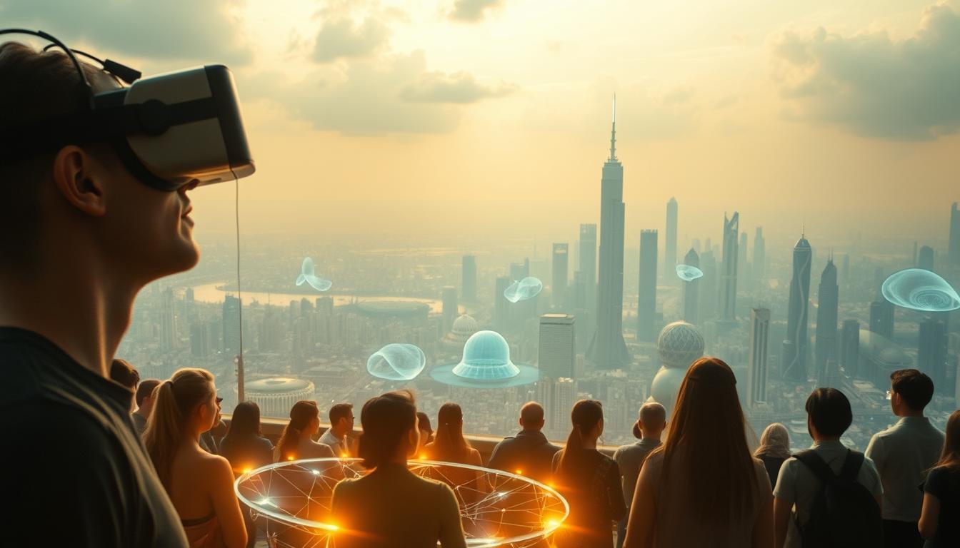 A stunning futuristic landscape, where the boundaries between reality and imagination blur. In the foreground, a group of people immersed in cutting-edge virtual reality headsets, their faces lit by the soft glow of the displays. In the middle ground, holographic projections dance and swirl, creating a mesmerizing display of light and color. The background is a sprawling cityscape, with towering skyscrapers and gleaming domes that seem to blend seamlessly with the virtual elements. The scene is bathed in a warm, diffused lighting, creating a sense of wonder and awe. The overall mood is one of technological advancement and the blurring of the line between the physical and digital worlds.