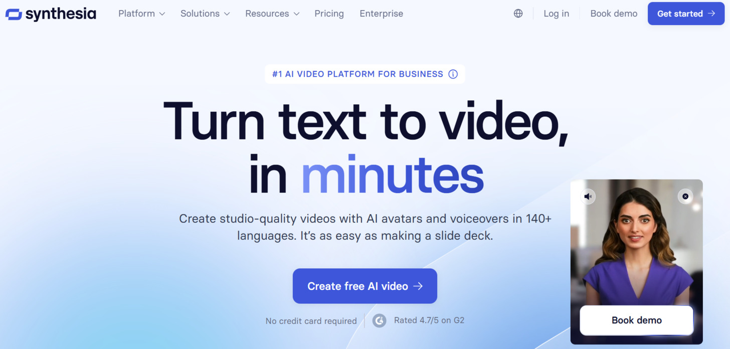 Synthesia AI video generator interface showing avatar selection and video editing features