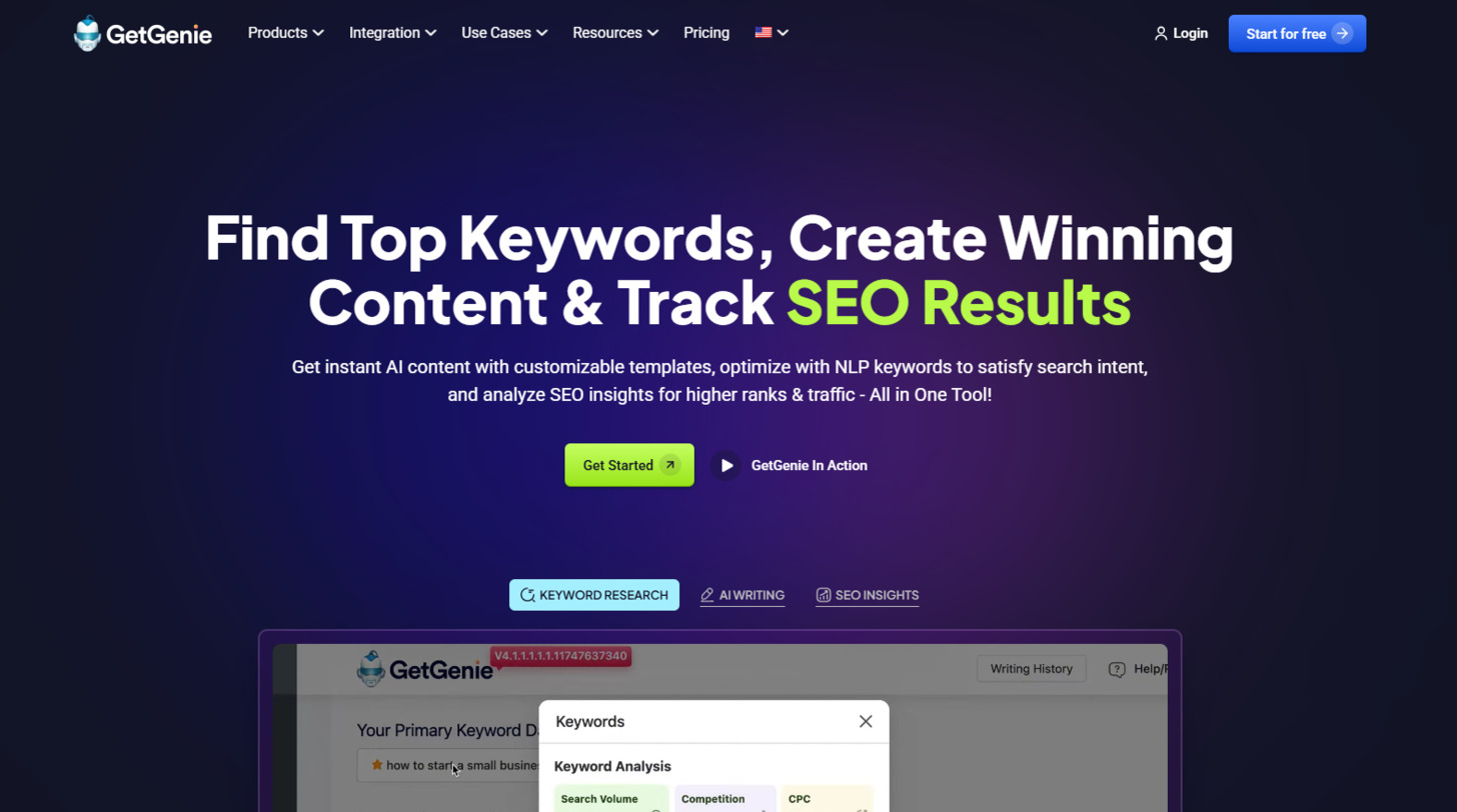 Get Genie WordPress integration showing AI content writing capabilities for 2025
