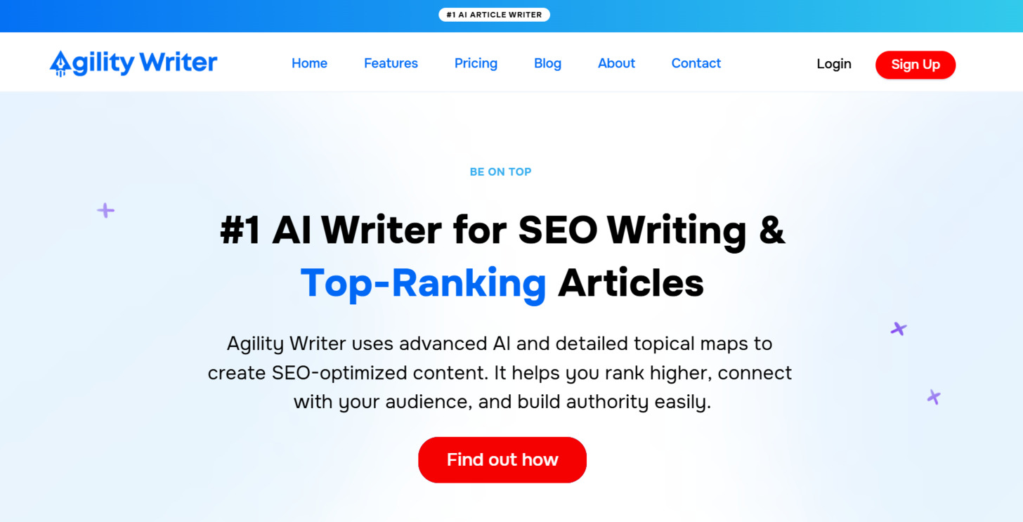 Agility Writer interface showing SEO optimization features for AI content writing in 2025