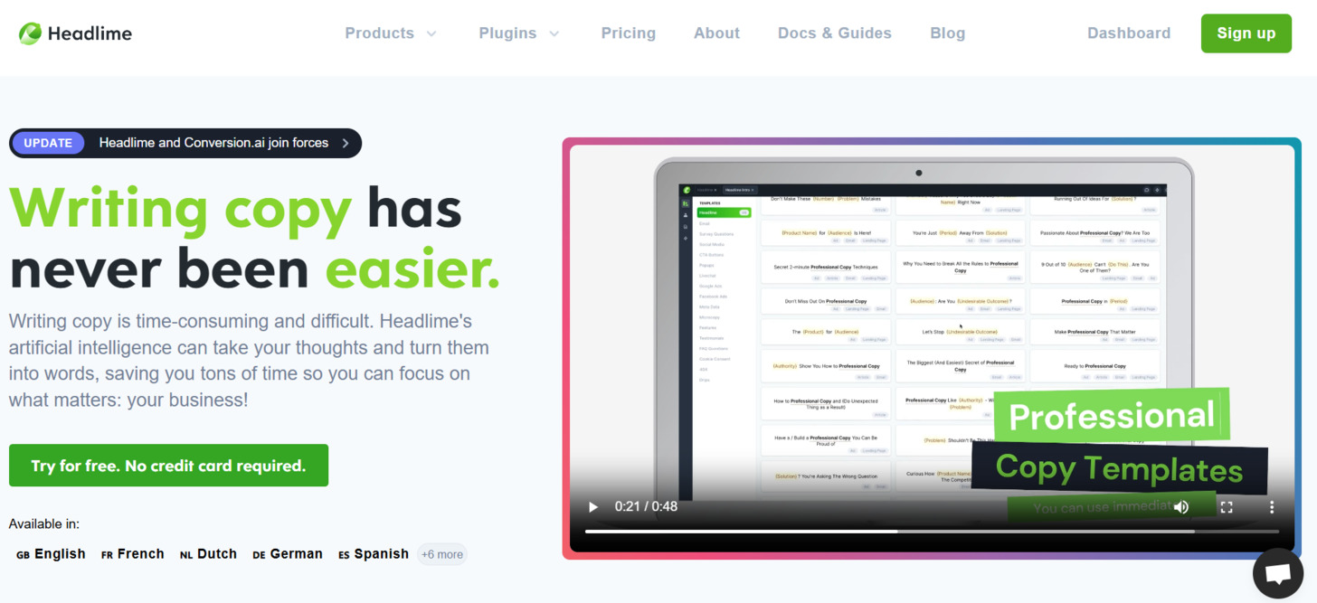 Headlime interface showing conversion-focused copywriting features for 2025