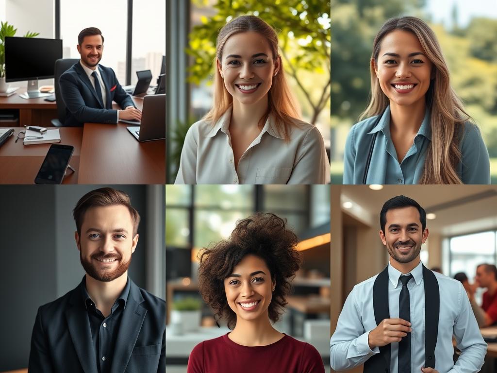 Collection of AI-generated professional portraits in various settings created with Photo AI