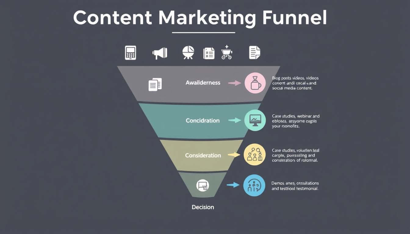Content marketing funnel showing different content types for each stage