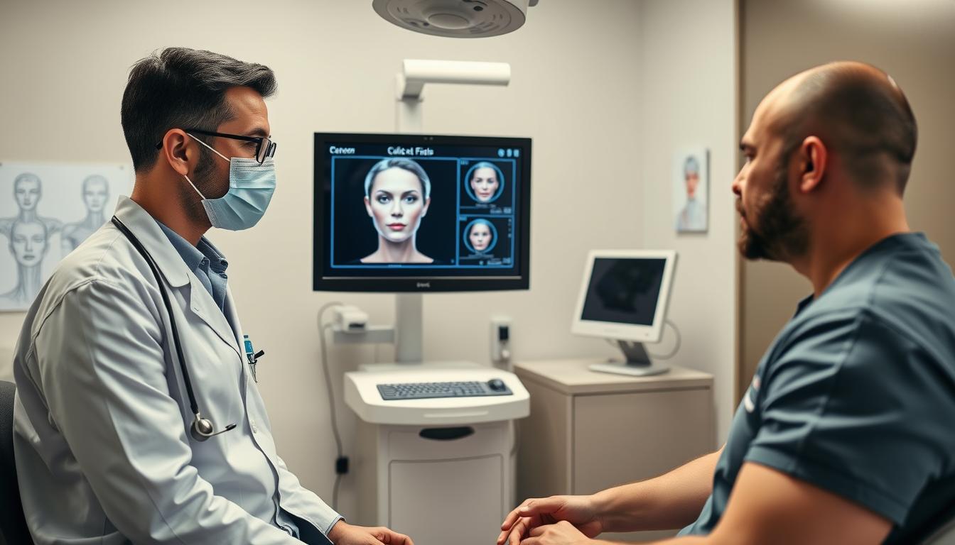 Plastic surgeon consulting with patient about facial plastic surgery options