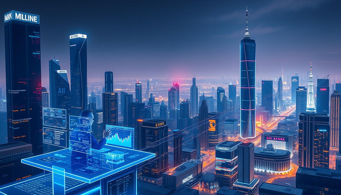 A sleek, minimalist cityscape with towering skyscrapers and neon-lit holograms. In the foreground, a holographic trading desk manned by an AI analyst, algorithms flashing across multiple screens. Floating data visualizations and 3D stock tickers project a sense of rapid, AI-driven market analysis. The middle ground features a bustling trading floor, where human brokers collaborate with AI assistants, making split-second decisions. In the background, a panoramic view of the futuristic financial district, illuminated by the glow of networked technologies. Soft, directional lighting casts dramatic shadows, heightening the sense of technological prowess and financial power. The overall mood is one of efficiency, innovation, and the seamless integration of artificial intelligence into the world of high-finance.