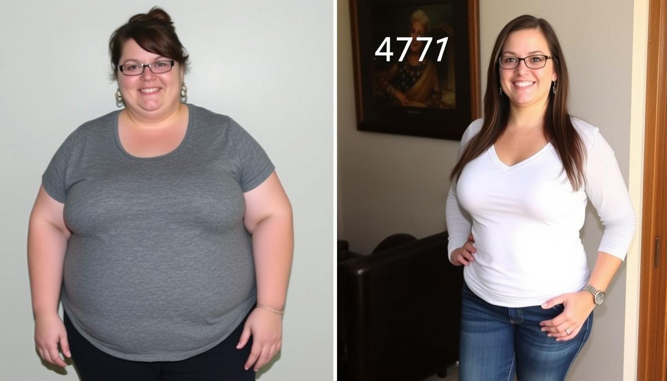 Before and after photos of Carla showing her diet transformation success story with a 183-pound weight loss