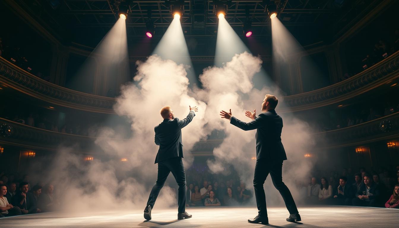 Ilusionismo no Rio de Janeiro: Henry e Klauss estreiam temporada 2025 com espetáculo inovador 17 Henry e Klauss no palco do Illusion Show durante apresentação de ilusionismo no Rio de Janeiro