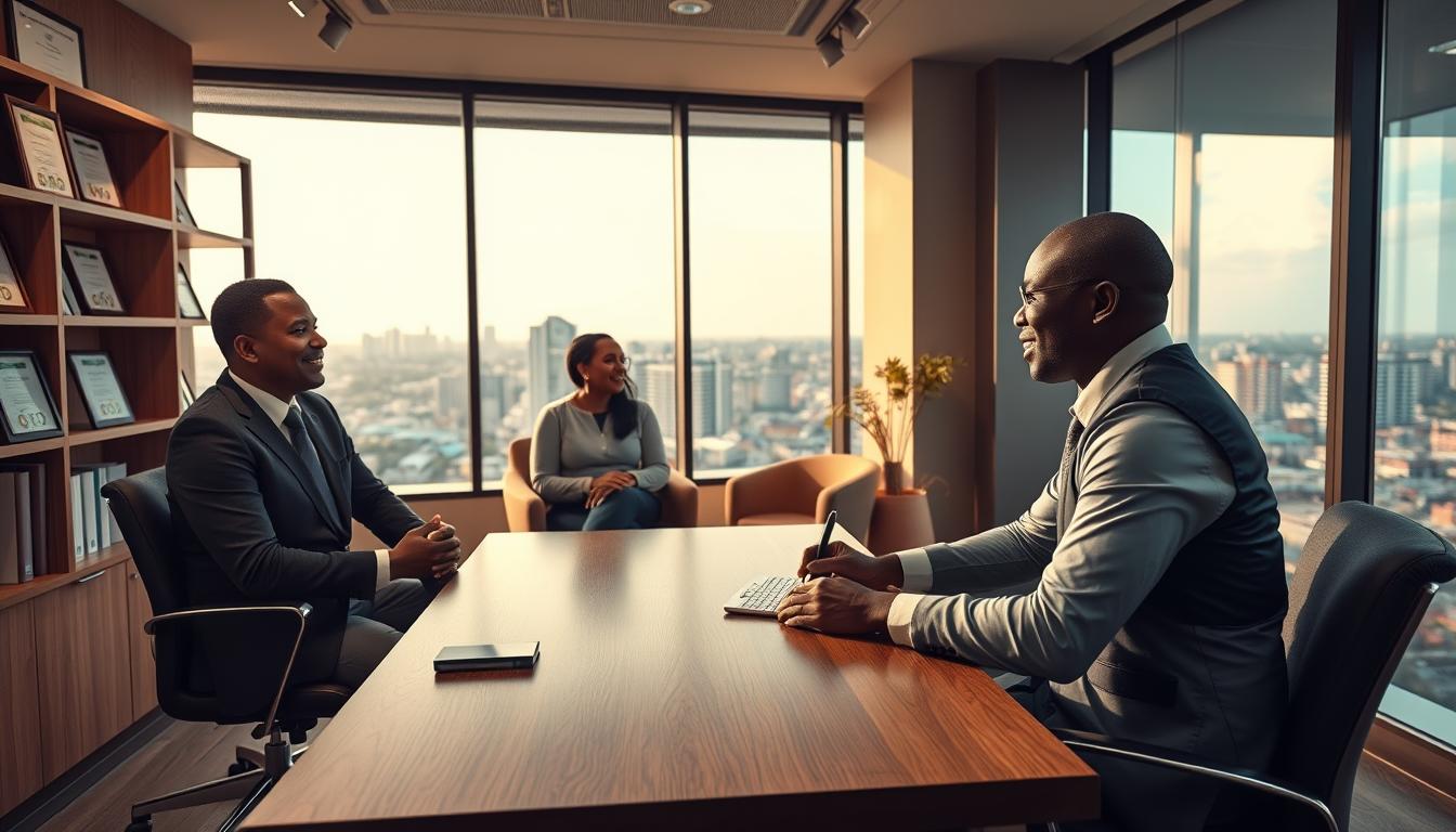 An interior scene of a modern and welcoming advisory services office focused on home loans in Kenya. The foreground features a well-dressed financial advisor sitting at a sleek wooden desk, speaking animatedly with a couple interested in securing a mortgage. The middle ground shows shelves lined with financial documents and framed certifications, conveying professionalism and expertise. The background depicts large windows overlooking the vibrant cityscape of Nairobi, with warm natural light filling the space. The overall mood is one of trust, assurance, and a commitment to guiding clients through the home financing process in Kenya.