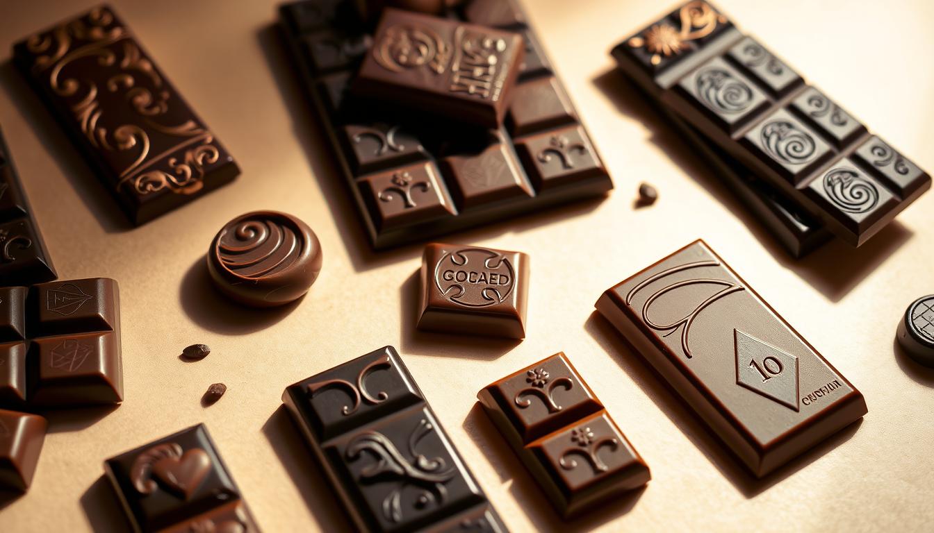 A high-quality, elegantly styled collection of premium chocolate bars, arranged artfully on a luxurious, minimalist backdrop. The chocolates are crafted with the finest cacao, infused with gourmet flavors and adorned with intricate patterns and textures. Soft, directional lighting creates a warm, inviting atmosphere, drawing the viewer's attention to the alluring hues and sheen of the chocolates. The overall composition exudes a sense of refined indulgence, befitting a connoisseur's guide to the best gourmet chocolate experiences.