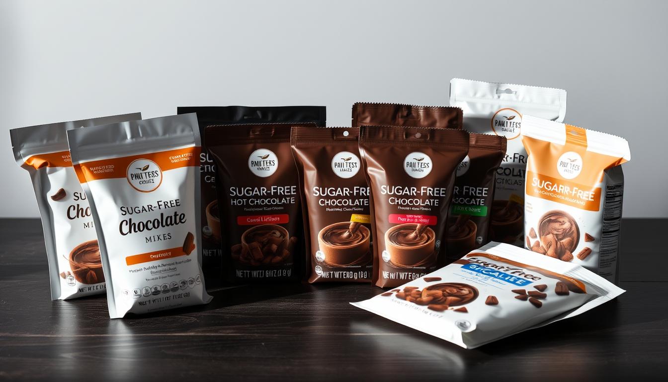 A close-up shot of various packages of sugar-free hot chocolate mixes arranged on a dark wooden surface. The packages are neatly displayed, showcasing their diverse branding and design. The lighting is soft and diffused, creating subtle shadows that add depth and dimension to the scene. The focus is sharp on the products, drawing the viewer's attention to the details of the packaging, such as the logos, flavor descriptions, and any special claims or certifications. The background is slightly blurred, creating a sense of focus on the central subject. The overall mood is clean, minimalist, and inviting, highlighting the premium quality and health-conscious nature of the sugar-free hot chocolate offerings.
