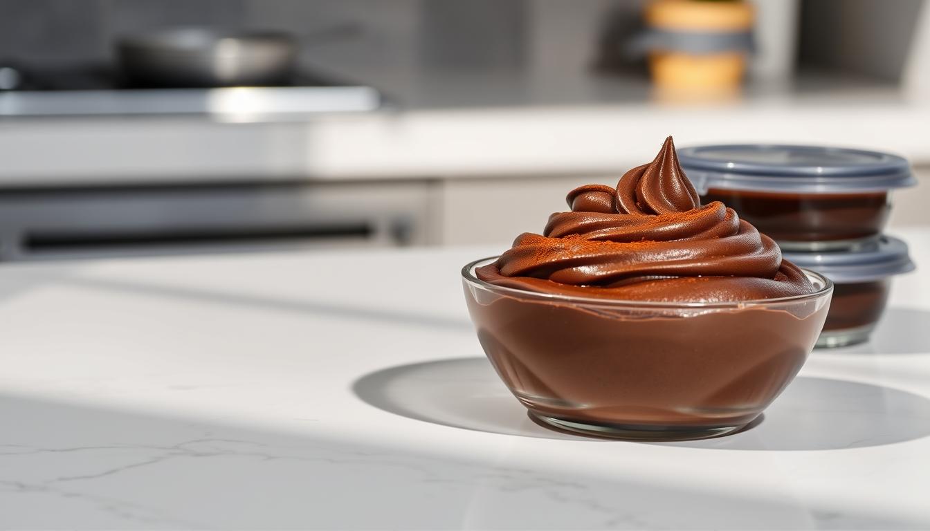 A sleek, minimalist kitchen counter with a white marble surface. In the foreground, a glass bowl filled with rich, velvety chocolate mousse, its surface lightly dusted with cocoa powder. Beside it, a small stack of airtight food storage containers, their lids tightly sealed. Soft, directional lighting casts gentle shadows, highlighting the mousse's luxurious texture. The background is hazy, blurred, conveying a sense of focus on the storage solutions for this decadent dessert. The overall mood is one of refined elegance and attention to detail, perfectly suited for preserving the quality and flavor of the homemade chocolate mousse.