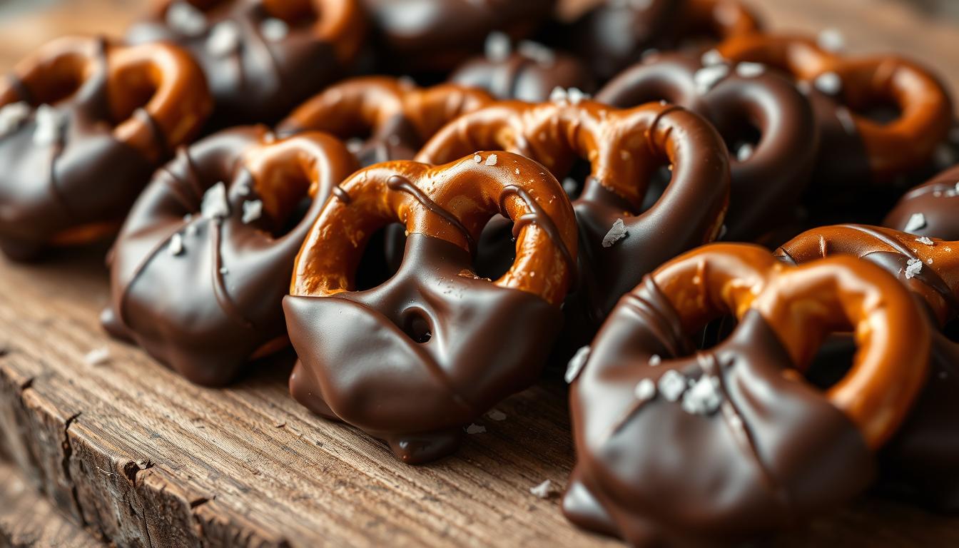 A delightful arrangement of gourmet chocolate-covered pretzels, artfully displayed on a rustic wooden surface. The dark, glossy chocolate coating shines under warm, natural lighting, contrasting beautifully with the golden-brown, twisted pretzel shapes. Sprinkled with a delicate dusting of sea salt, the pretzels exude an air of sophisticated indulgence. The scene is captured from a slightly elevated angle, creating a visually appealing and appetizing presentation. The background features a subtle, blurred texture, allowing the focus to remain solely on the exquisite chocolate-covered treats.