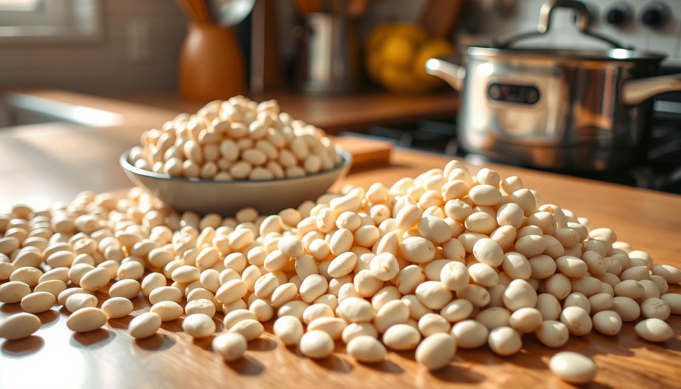 Turkey and White Bean Soup: How to Make It in 30 Minutes 2 A well-lit kitchen counter showcases an assortment of freshly washed white beans. The beans are arranged in a visually appealing manner, with some piled neatly in a bowl and others scattered across the surface, highlighting their distinct shapes and sizes. The lighting is soft and natural, casting a warm glow on the scene and emphasizing the purity and simplicity of the ingredients. In the background, a blurred view of cooking utensils and a simmering pot on the stove suggests the beans are being prepared for a hearty turkey white bean soup. The overall composition conveys a sense of culinary preparation and the care taken in selecting and cleaning the beans for a delicious and nutritious dish.