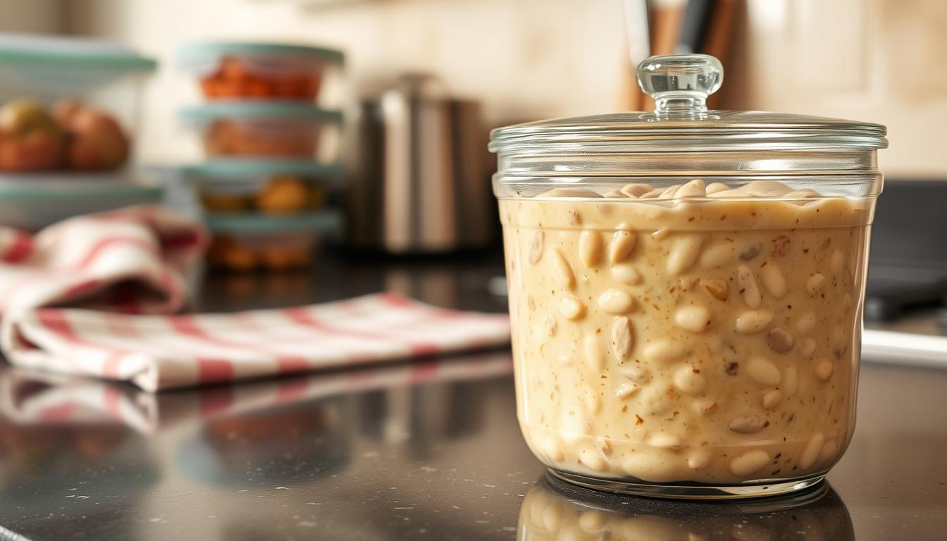Turkey and White Bean Soup: How to Make It in 30 Minutes 3 A well-lit kitchen counter with a glass storage container filled with creamy turkey and white bean soup. The container has a tight-fitting lid, ensuring the soup stays fresh and flavorful. In the background, a stack of reusable containers and a dish towel add a sense of organization. The scene is bathed in warm, soft lighting, conveying a cozy, homemade atmosphere. The focus is on the storage container, highlighting its practical and efficient design for preserving the soup's taste and texture. The angle is slightly elevated, giving a clear view of the container's contents.