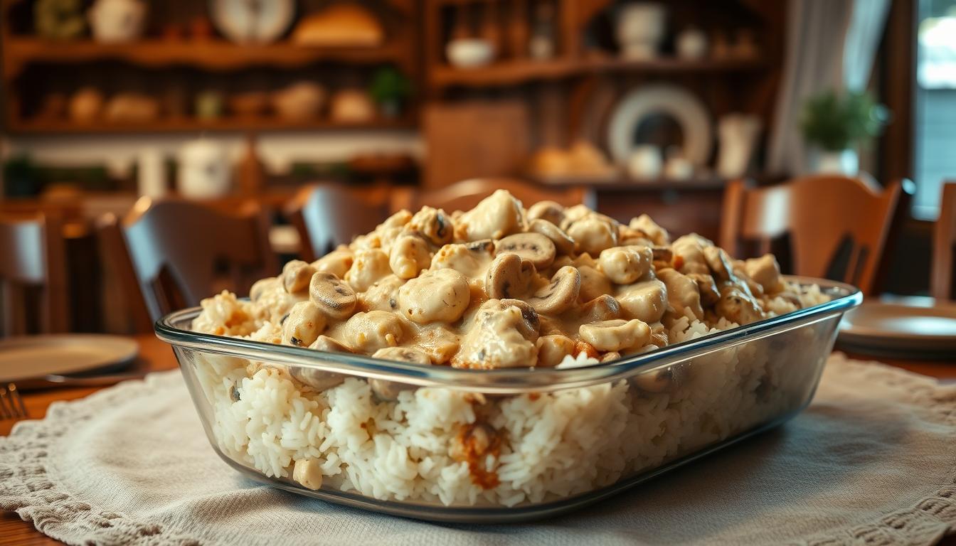 Rice Cream Of Mushroom Chicken Casserole: How to Make It Gluten-Free 3 A cozy, family-style dinner table set with a hearty casserole dish, surrounded by a warm, inviting atmosphere. The casserole is brimming with tender chicken, creamy mushroom sauce, and fluffy white rice, creating a comforting and crowd-pleasing meal. Soft, indirect lighting casts a gentle glow, highlighting the textures and colors of the dish. In the background, a rustic, farmhouse-inspired kitchen setting with wooden accents and natural elements, conveying a sense of home and tradition. The overall scene exudes a welcoming, comforting, and appetizing ambiance, perfectly capturing the essence of a "crowd-pleasing dinner."