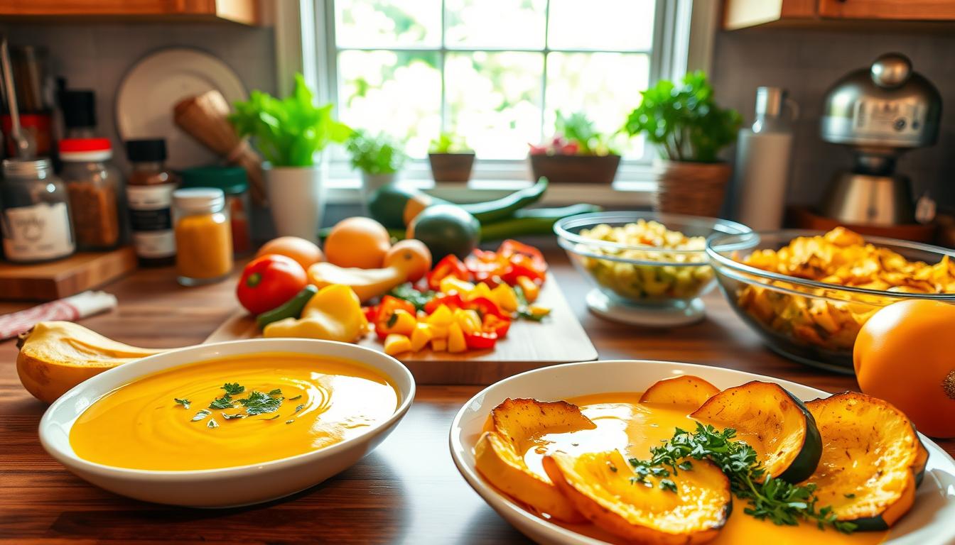 Summer Squash Soup: Why It’s the Best Vegan Summer Meal 3 A cozy kitchen counter with an assortment of vibrant, kid-friendly summer squash dishes. In the foreground, a plate showcases a creamy, golden-hued soup accompanied by a side of crisp, roasted squash wedges. In the middle ground, a cutting board displays freshly chopped squash, peppers, and herbs, while a mixing bowl hints at baked squash casserole. The background is filled with jars of spices, a basket of fresh produce, and a bright window overlooking a lush, green garden. The scene is bathed in warm, natural lighting, conveying a sense of homemade comfort and culinary versatility.
