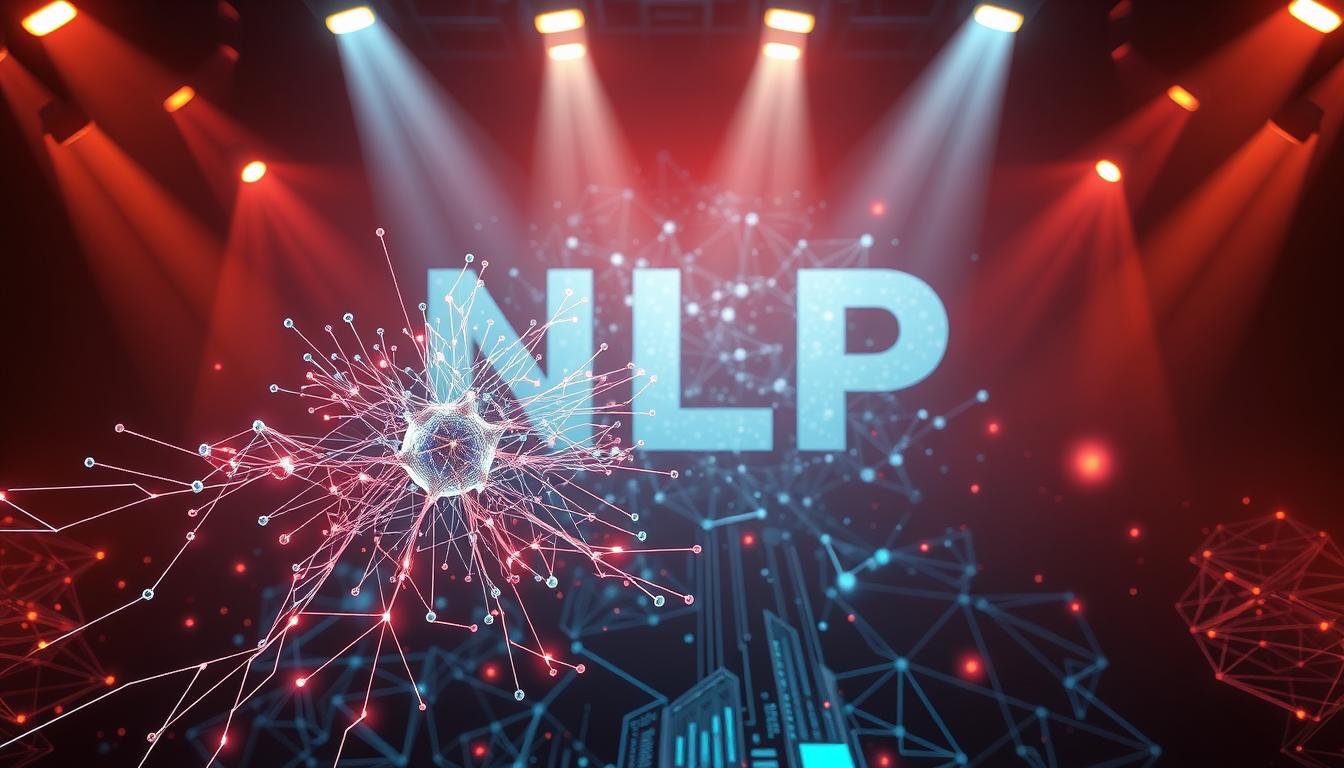 A striking, futuristic illustration of "Neuro-Linguistic Programming" (NLP). In the foreground, a neural network-inspired visualization pulses with dynamic energy, its interconnected nodes and pathways symbolizing the complex processes of NLP. The middle ground features abstractgeometric shapes and patterns, evoking the computational and linguistic elements of this innovative field. The background bathes the scene in a warm, futuristic glow, conveying a sense of progress and technological advancement. Dramatic lighting from multiple angles casts dramatic shadows, heightening the sense of depth and dimensionality. The overall composition suggests the power and potential of NLP to revolutionize natural language processing.