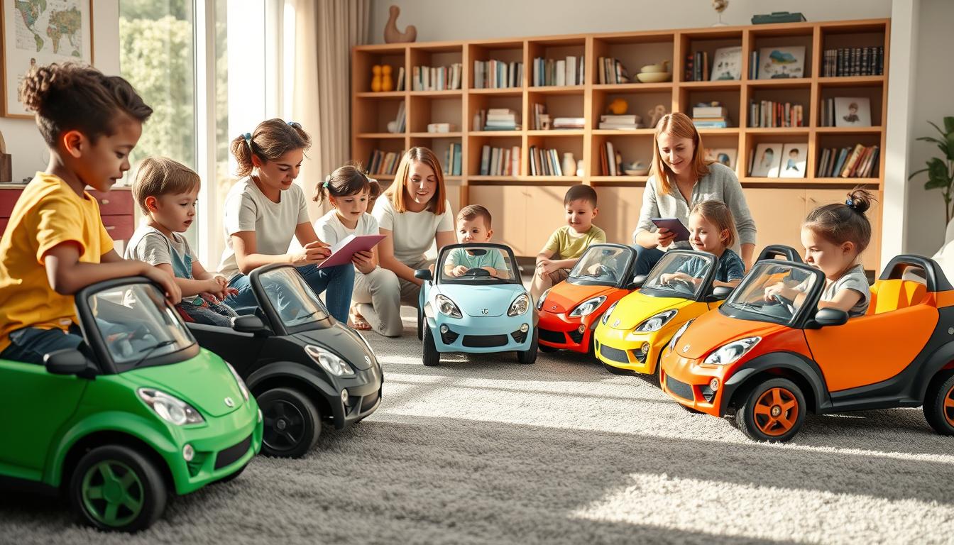 A sunny, warm afternoon in a modern, well-lit family room. In the foreground, a group of happy, diverse children ages 5-10 examine and test-drive a selection of colorful, compact electric cars, each with a different design and features. The cars are neatly arranged on plush, gray carpeting, allowing the kids to freely explore and compare them. In the middle ground, attentive parents observe the children, noting down details and pricing on a tablet. The background shows shelves with informational books, brochures, and online reviews about kid-friendly electric vehicles and their key buying considerations - range, safety, durability, and affordability. An atmosphere of engaged, informed decision-making pervades the scene.