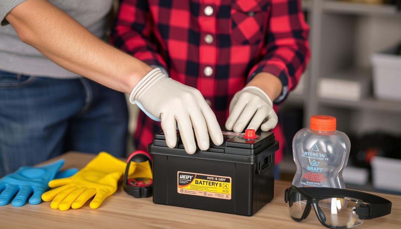 Parent demonstrating safe ride on car battery handling practices