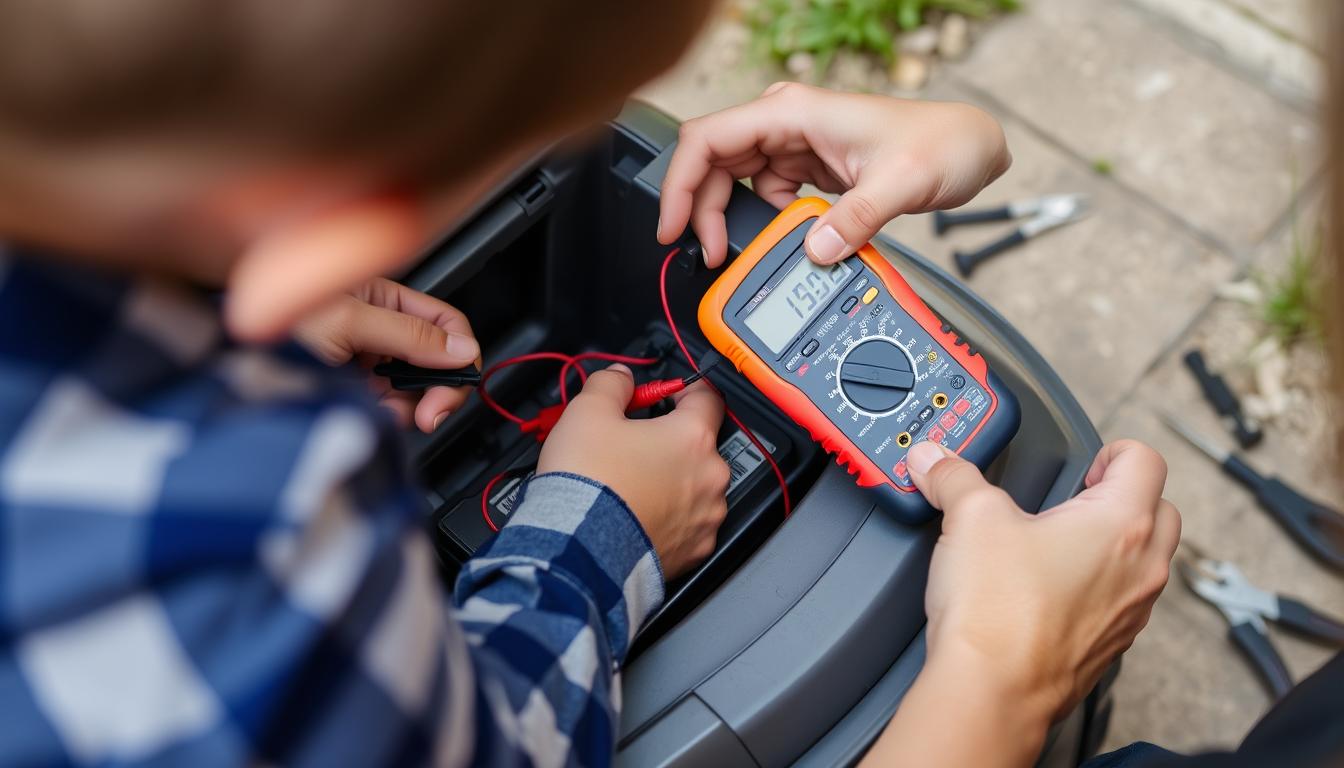 Parent troubleshooting a ride on car battery issue with multimeter