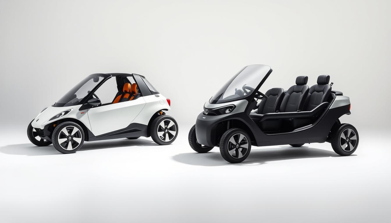 A photo studio setting featuring two electric cars for kids - a sleek single-seater and a spacious multi-seater. The single-seater is compact and aerodynamic, with a sporty design and bold colors. The multi-seater is larger, with room for two or more children, and has a more practical, family-oriented aesthetic. Both cars are positioned in a well-lit, neutral-toned studio, with clean backgrounds and shadows that accentuate their forms. The lighting is soft and diffused, creating a sense of quality and attention to detail. The camera angle is slightly elevated, allowing the viewer to see the cars from an optimal perspective that showcases their features and highlights the differences between the two models.