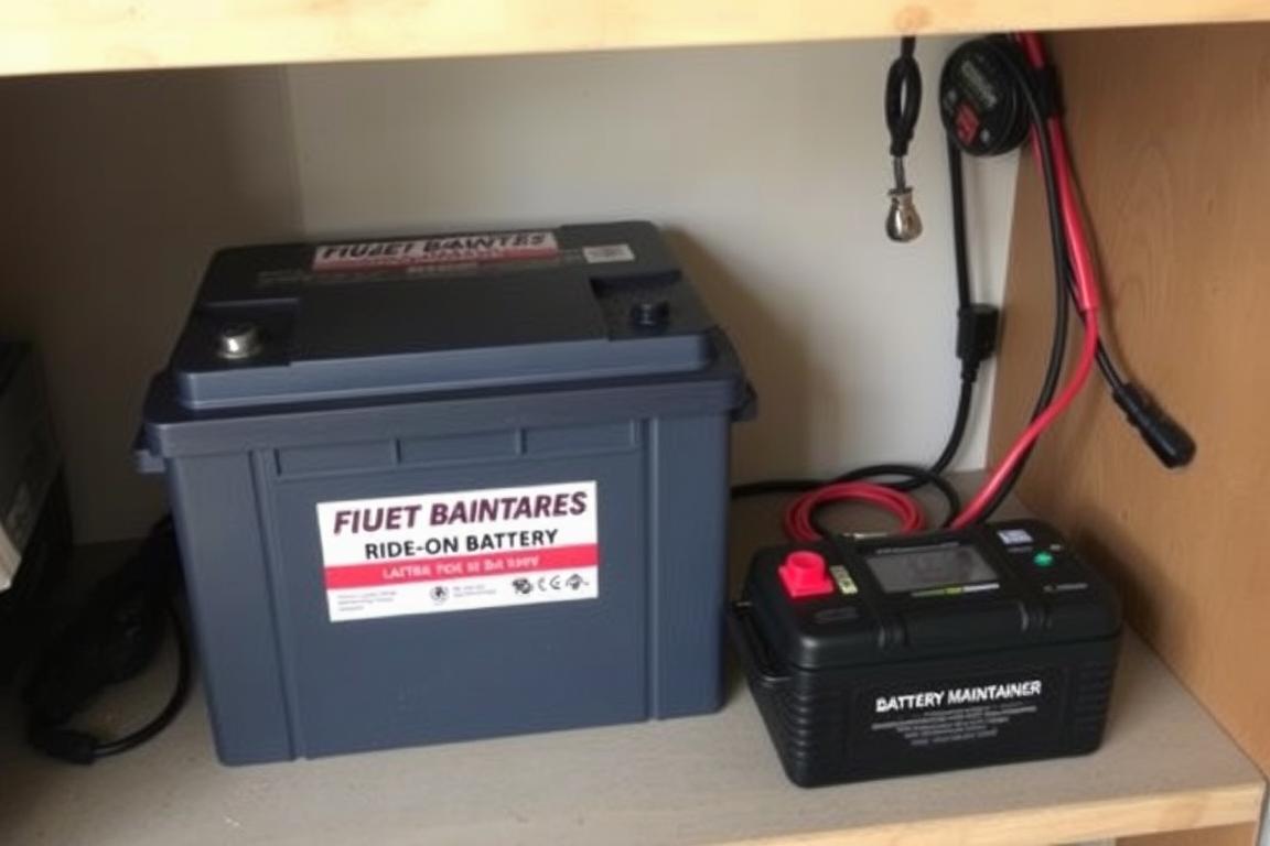 Proper ride on car battery storage setup in a garage or storage area