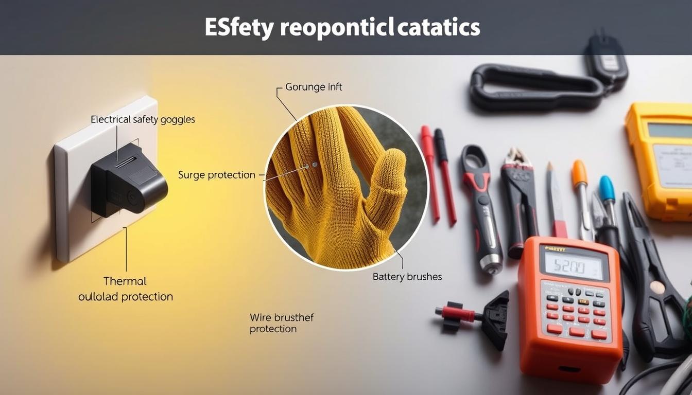 A well-lit, detailed diagram showcasing safety precautions for charging a ride-on car battery. In the foreground, a ride-on car battery charger plugged into a power outlet, with clear labeling of electrical safety features like grounding, surge protection, and thermal overload protection. In the middle ground, a hand holding safety gloves and goggles, emphasizing the importance of protective equipment. In the background, a neatly organized set of tools and accessories for battery maintenance, including a multimeter, wire brushes, and a battery tester. The overall mood is informative and instructive, conveying the necessary steps to charge a ride-on car battery safely.