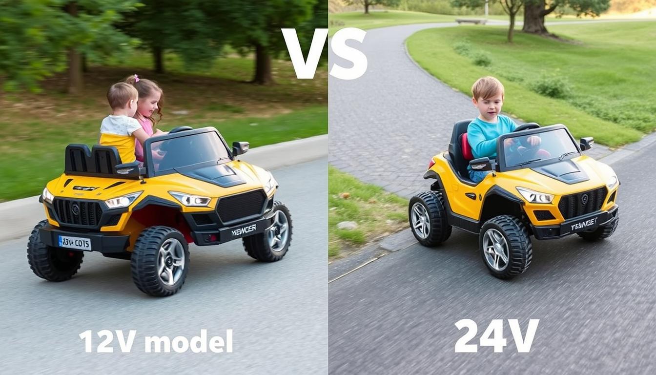 Side by side comparison of 12V and 24V ride on cars showing performance differences