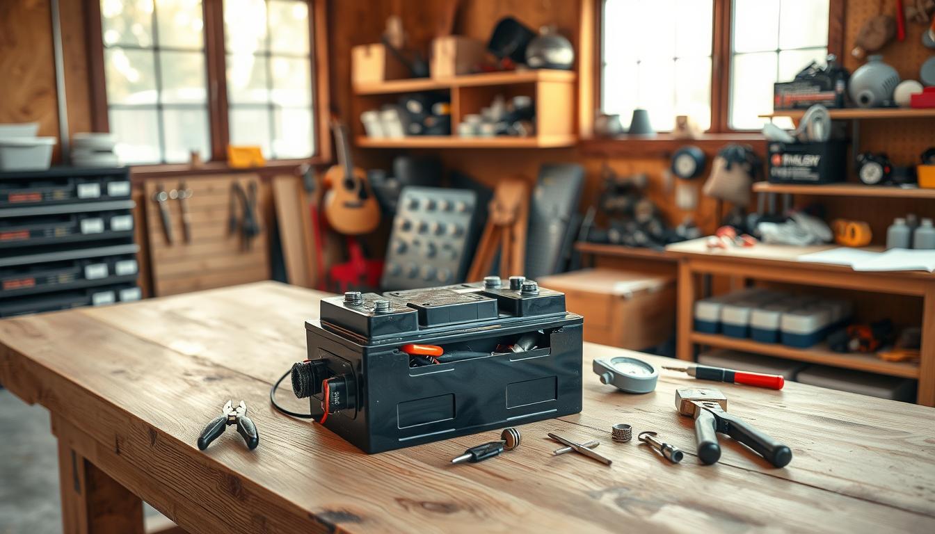 A well-lit workshop interior, with a sturdy wooden workbench in the foreground. On the bench, a disassembled ride-on car battery, its components neatly laid out. In the middle ground, various maintenance tools - pliers, screwdrivers, a voltmeter - are arranged, conveying a sense of careful, methodical work. The background features shelves stocked with spare parts and accessories, hinting at the comprehensive nature of the maintenance process. Warm, natural lighting filters in through large windows, creating a welcoming, informative atmosphere. The overall scene suggests a detailed, step-by-step approach to properly maintaining a ride-on car battery between charges.