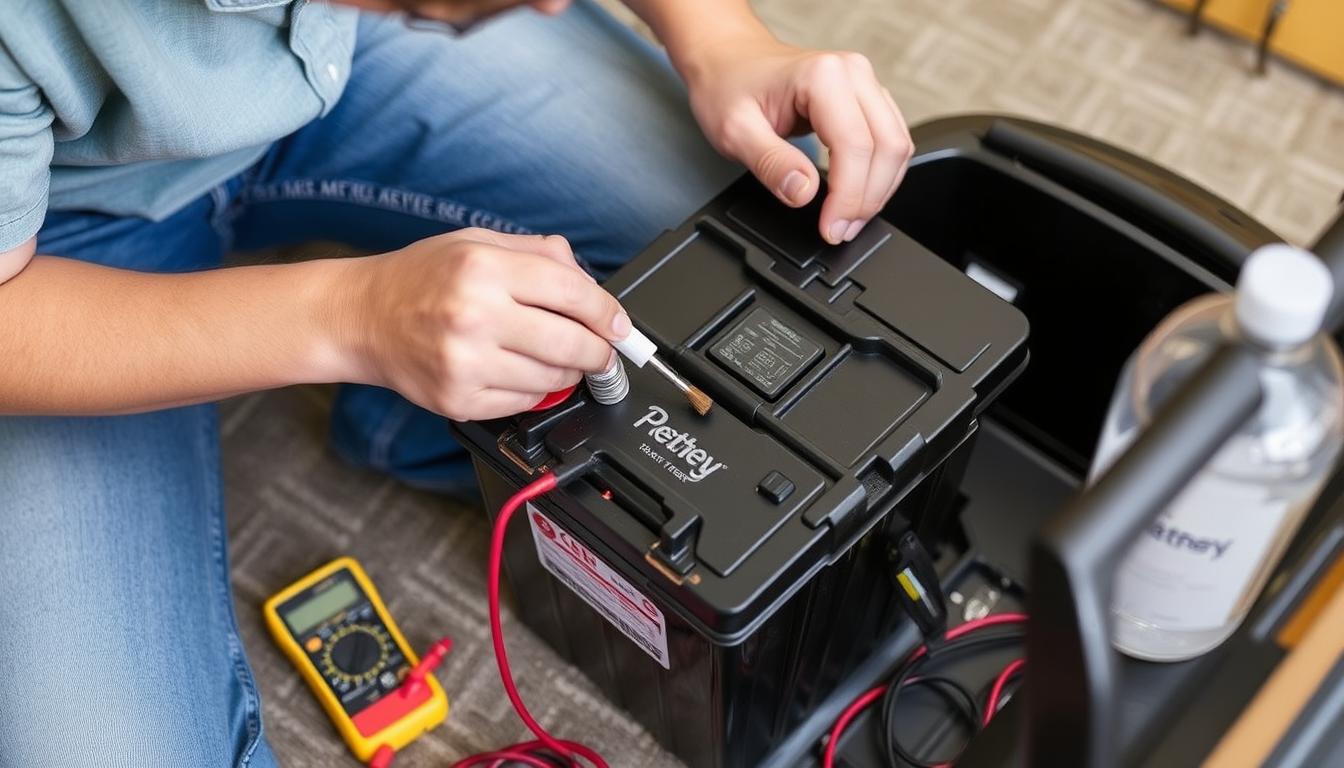 Parent performing monthly maintenance on a ride on car battery