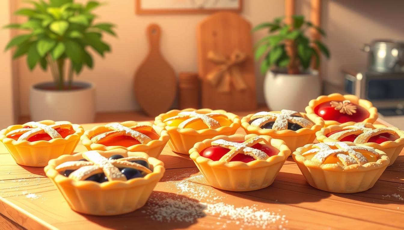 A cozy kitchen scene featuring a variety of freshly baked tartlet treats. Delicate pastry shells are filled with vibrant fruit jams in shades of red, yellow, and blue, arranged artfully on a rustic wooden counter. Soft, warm lighting casts a golden glow, highlighting the intricate lattice crusts and powdered sugar toppings. In the background, a lush potted plant and a minimalist wall decor complete the homey, inviting atmosphere. The overall composition evokes a sense of comfort, indulgence, and the joyful experience of savoring these delectable tartlet delights.
