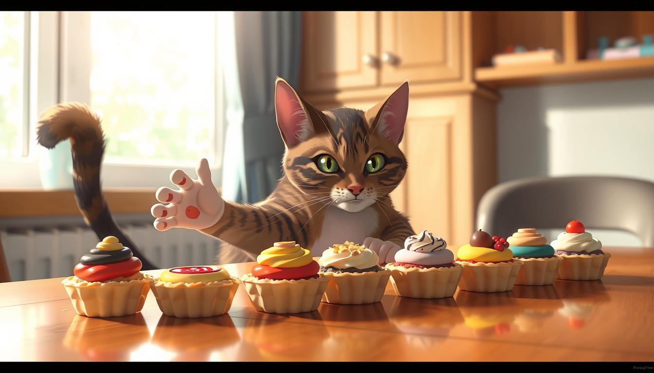 A sleek, tabby cat playfully swatting at a row of colorful, whimsical tarts arranged on a polished wooden table. The feline's paws move with graceful precision, its eyes fixed with laser-like focus as it prepares to strike. Soft, natural lighting filters in from a nearby window, casting a warm glow over the scene. The tarts themselves are meticulously crafted, their flaky crusts and vibrant fillings inviting the viewer to imagine their delicious flavors. The overall atmosphere is one of lighthearted amusement, capturing the essence of a delightful game between a curious cat and its irresistible treats.
