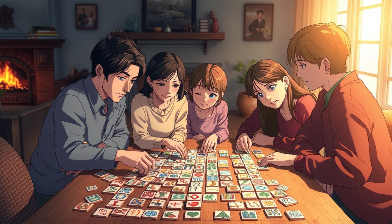 A cozy family scene, a group of people gathered around a wooden table, deeply engaged in a game of memory tiles. Soft lighting illuminates their faces, creating a warm, inviting atmosphere. The table is adorned with an array of colorful, intricately designed tiles, each one presenting a unique pattern or symbol. Players lean in, brows furrowed in concentration, as they attempt to match the hidden images, fostering a sense of camaraderie and shared experience. The background features a comfortable, lived-in living room, with plush furniture and a crackling fireplace, creating a homely, intimate setting. The overall composition conveys the social and familial nature of the memory tile game, where players of all ages can come together and enjoy a playful, engaging activity.
