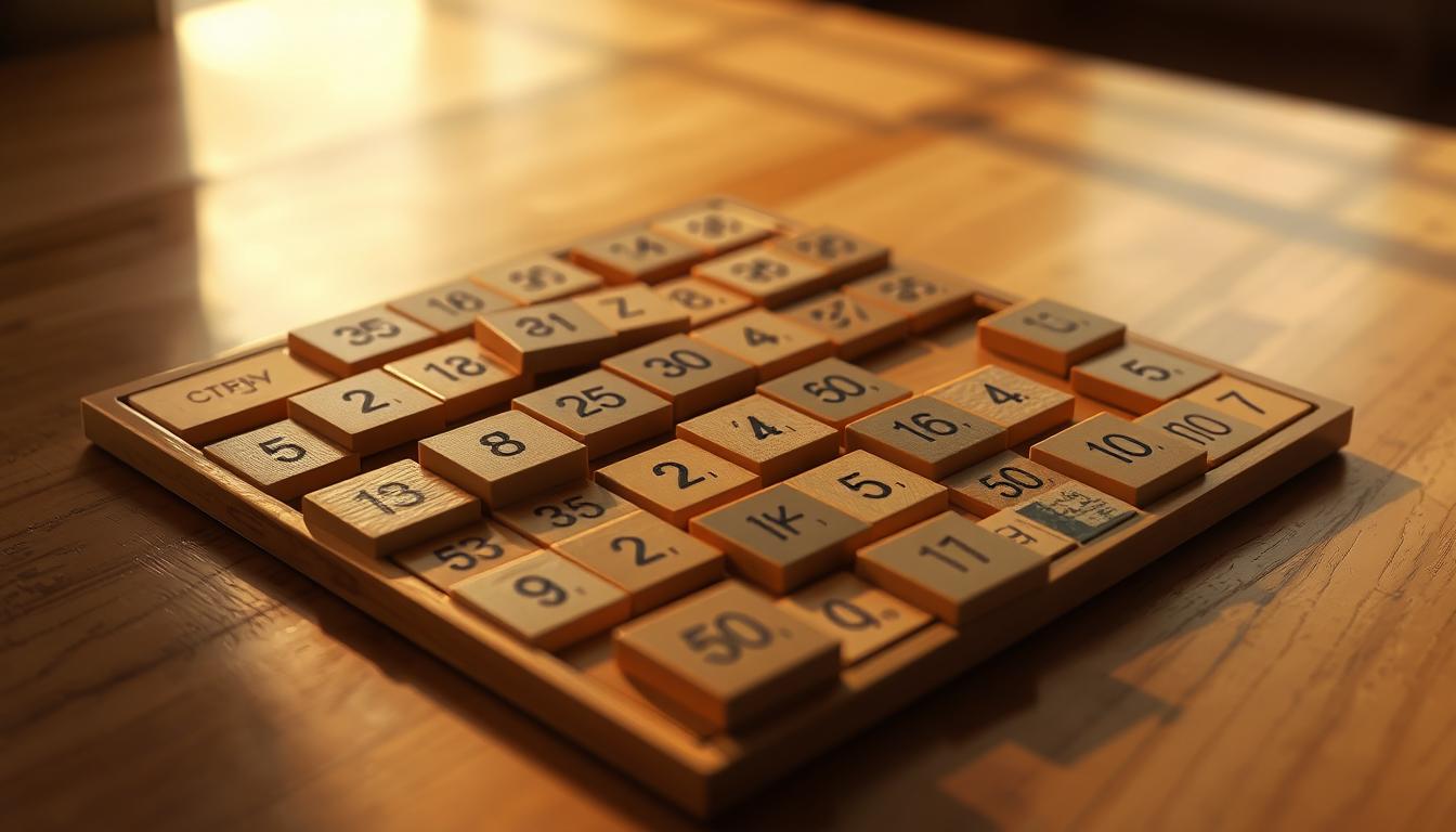 A game board with a pattern of numbered tiles arranged in a grid, resting on a wooden surface illuminated by warm, natural lighting. The tiles are made of polished wood, with distinct numbers engraved on each one. The game board is positioned at an angle, creating a sense of depth and perspective. The background is slightly blurred, allowing the game board to be the focal point. The overall mood is one of thoughtfulness and strategic contemplation, inviting the viewer to engage in the tactile and cerebral experience of the guessing game.