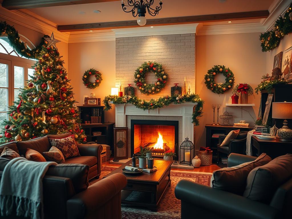 A cozy and festive living room with a warm fireplace as the focal point. The room is adorned with classic Christmas decor - a beautifully decorated tree, garlands and wreaths, and an array of holiday trinkets and ornaments. The lighting is soft and ambient, creating a cozy and inviting atmosphere. The scene is captured through a wide-angle lens, showcasing the depth and scale of the space. homefulspell.com