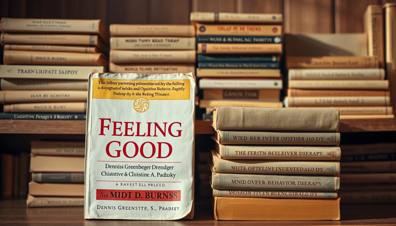 Stacks of well-worn cognitive behavioral therapy books, with earthy tones and a warm, inviting atmosphere. The foreground features two prominent titles - "Feeling Good" by David D. Burns and "Mind Over Mood" by Dennis Greenberger and Christine A. Padesky, their covers worn but vibrant. Behind them, a collection of similar self-help books in various shades of tan, beige, and soft gray, arranged neatly on a wooden bookshelf. Soft, directional lighting casts gentle shadows, creating a sense of depth and highlighting the textures of the book covers. The overall mood is one of contemplation, empowerment, and the promise of personal growth.