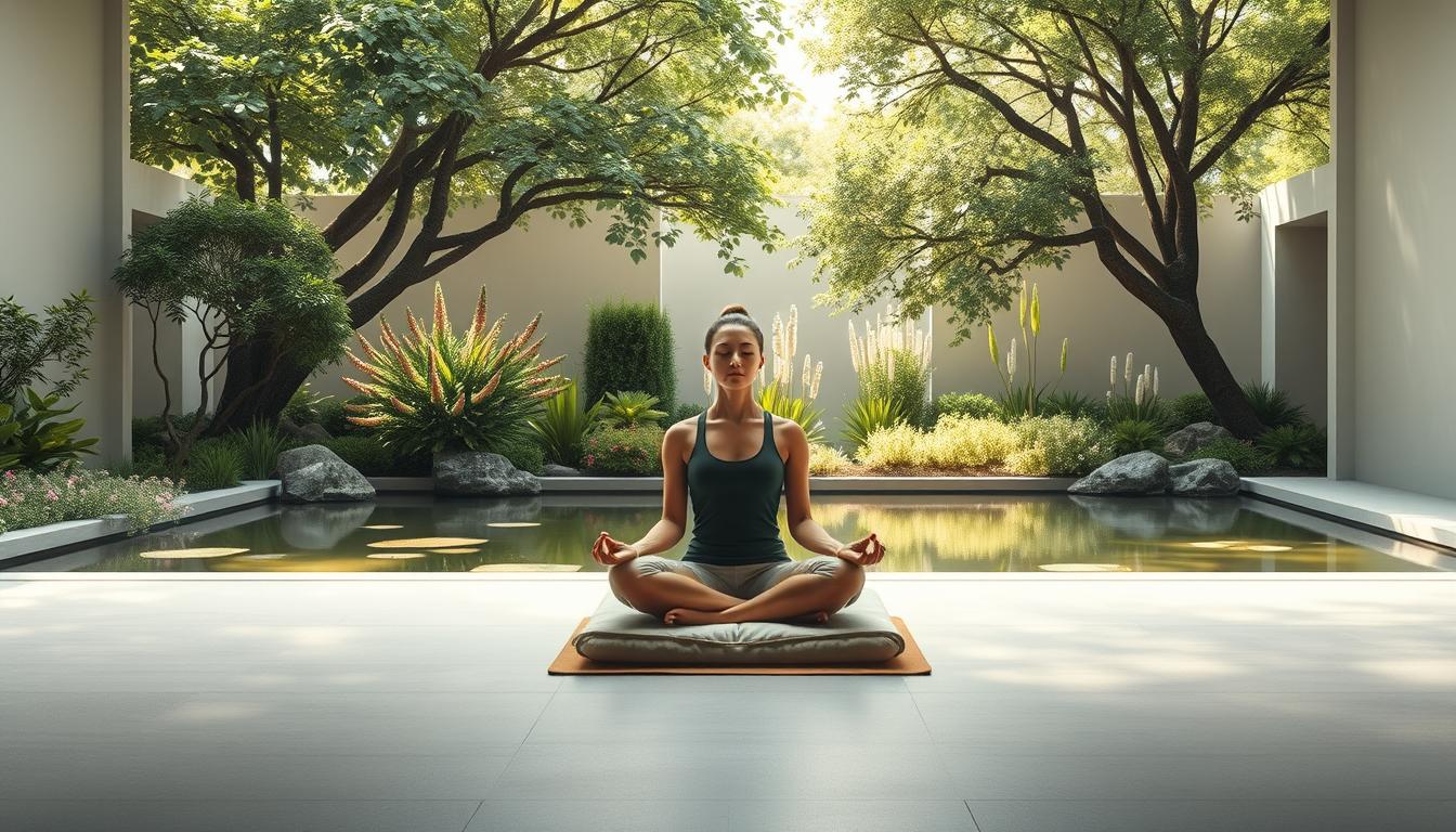 A serene meditation garden with a tranquil pond, surrounded by lush greenery and fragrant flowers. In the foreground, a person sits cross-legged on a meditation cushion, their eyes closed and their expression peaceful. Soft, natural lighting filters through the canopy of trees, creating a calming atmosphere. The background features a simple, minimalist design with clean lines and muted colors, emphasizing the focus on mindfulness and inner reflection. The scene conveys a sense of calm, balance, and relief from the stresses of everyday life.