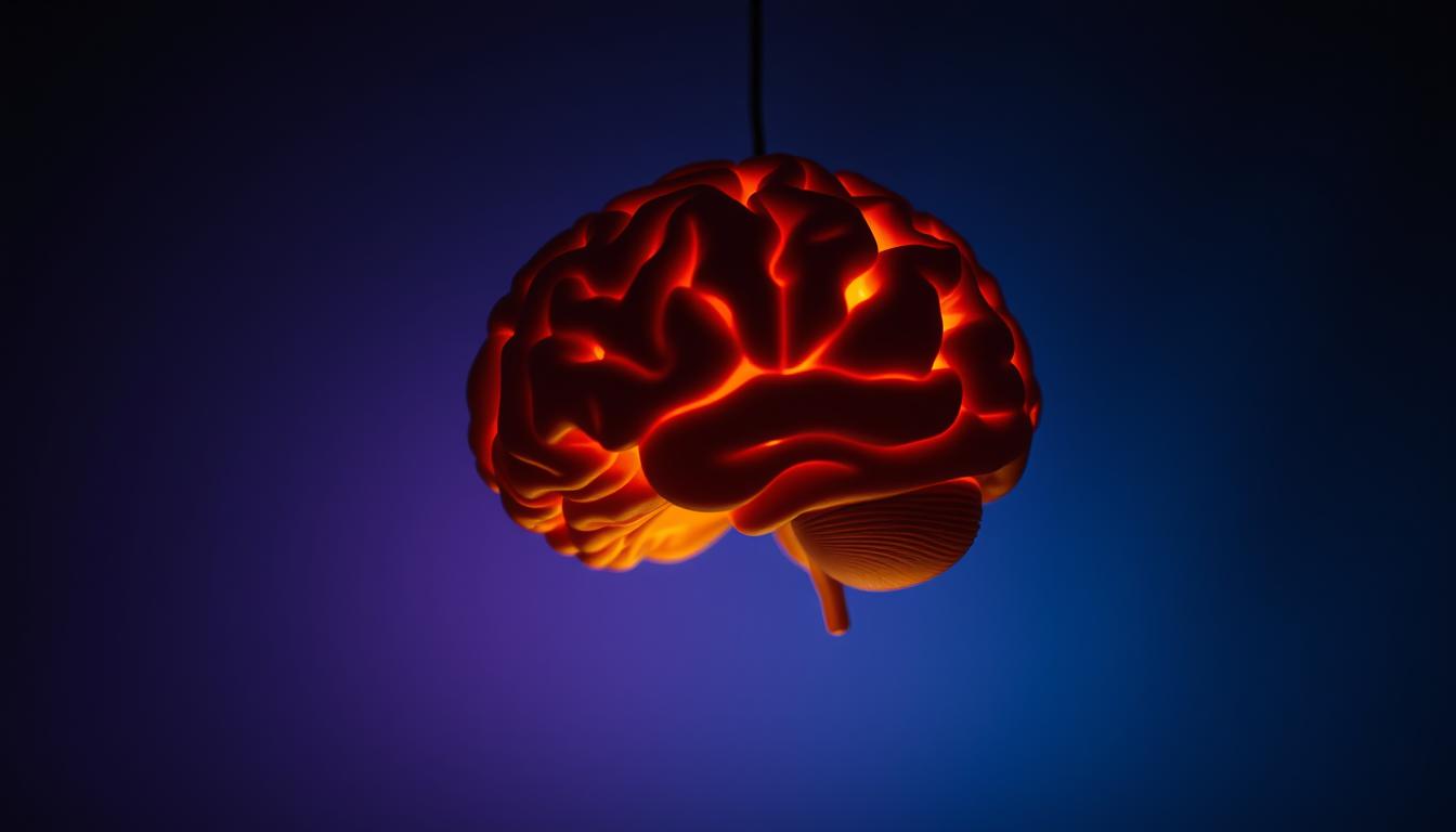 A brain model suspended in a thoughtful, moody environment. Soft, warm lighting illuminates the intricate neural pathways, conveying the complexity of the mind. In the background, a gradient of blues and purples suggest the depths of the human psyche. The scene evokes a sense of scientific inquiry and the search for understanding the neuroscience of depression. The camera angle is slightly elevated, providing an almost meditative perspective on this critical subject matter. The overall tone is one of reverence and contemplation, befitting the gravity of the topic.