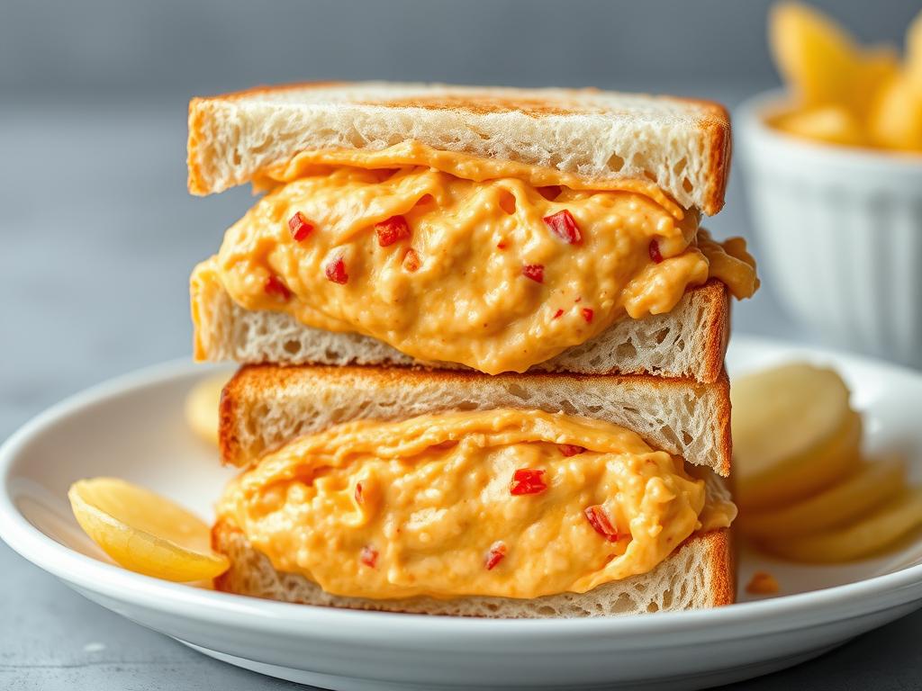 Completed pimento cheese sandwich cut in half showing the filling