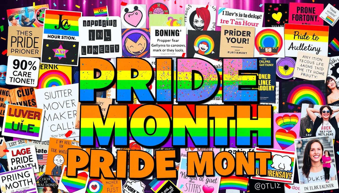 A vibrant, joyful collage of Pride Month memes, showcasing the diverse, expressive, and celebratory nature of queer culture. The foreground features a kaleidoscope of colorful, humorous meme images, ranging from playful LGBTQ+ in-jokes to empowering slogans and symbols. The middle ground incorporates bold, eye-catching graphic elements like rainbow patterns, glitter, and confetti, creating a sense of festivity and enthusiasm. The background evokes a lively, modern digital landscape, with subtle neon-tinged lighting and a pulsing energy that reflects the cultural impact and widespread resonance of Pride Month memes. The overall composition conveys a spirited, inclusive, and visually compelling representation of the meme-driven celebration of queer identity and community.