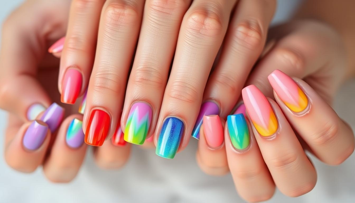 Vibrant rainbow nail designs gracing elegant hands, showcasing a diverse array of nail shapes - from short and rounded to long and almond-shaped. Meticulously crafted, each nail sports a unique gradient or pattern, seamlessly blending hues of the spectrum in a dazzling display. Soft, natural lighting accentuates the lustrous finish, while a shallow depth of field draws the viewer's gaze to the intricate details. The overall composition exudes a sense of joy, individuality, and the celebration of personal style. A captivating visual representation of the colorful manicure revolution taking the world by storm.