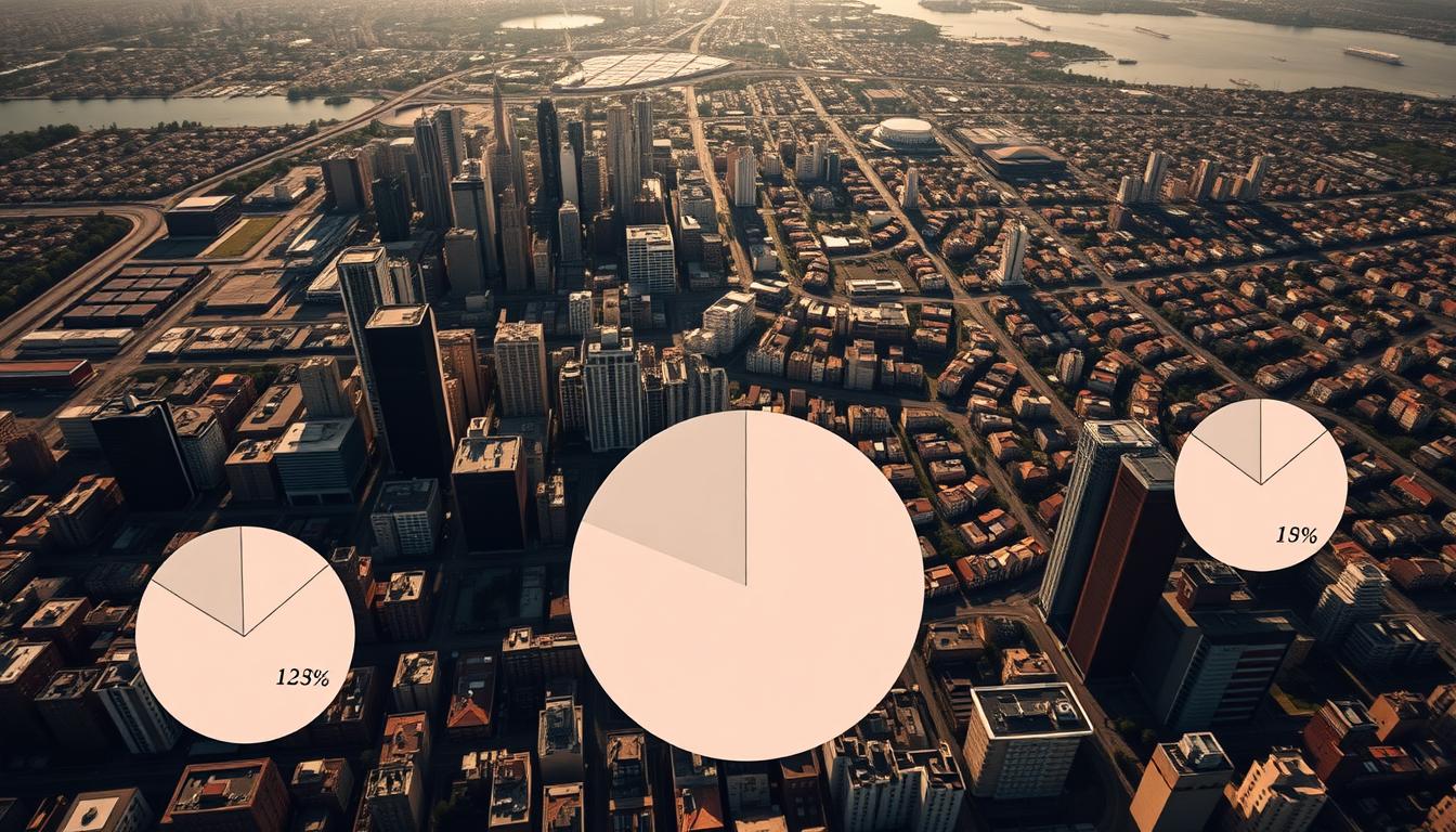 A high-contrast aerial view of a city skyline, with distinct clusters of buildings and residential areas. In the foreground, a trio of pie charts float, each depicting the divorce rates of different demographics - a prominent pie chart shows the divorce rate for lesbian couples, flanked by smaller charts for heterosexual and other LGBTQ+ couples. The charts are rendered in a muted, data-visualization style, with clear labels and percentages. Warm, directional lighting casts shadows across the scene, creating a sense of depth and emphasizing the infographic elements. The overall tone is one of objective analysis, inviting the viewer to compare and contrast the data presented.