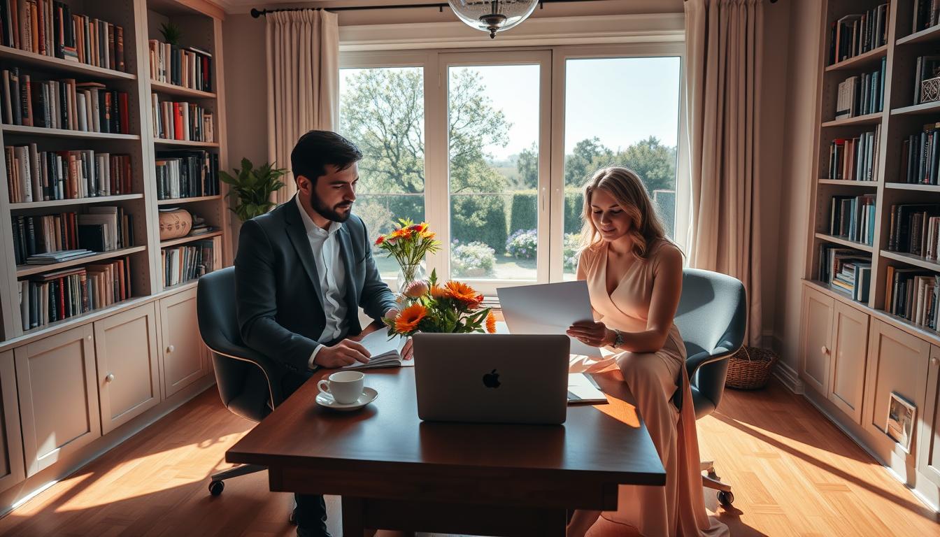 A cozy, sunlit home office where two same-sex partners, one in a crisp suit and the other in a flowing dress, review estate planning documents. Bookshelves line the walls, casting warm shadows across the hardwood floor. On the desk, a laptop, a vase of fresh flowers, and a cup of steaming tea suggest a thoughtful, collaborative atmosphere. Through a window, a lush garden and clear blue sky evoke a sense of security and belonging. The couple's expressions convey a mixture of concentration and quiet contentment as they plan for their future together.