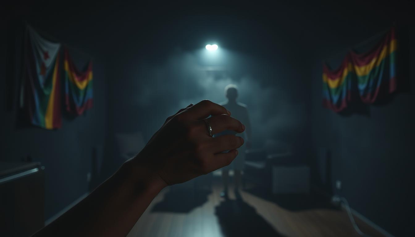A dimly lit room, its walls adorned with fading Pride flags. In the foreground, two hands clasped tightly, a wedding band glinting sadly in the low light. The middle ground is hazy, a sense of uncertainty and unease permeating the scene. In the background, shadows loom, obscuring the future, a foreboding reminder of the impending threat to marriage equality. The lighting is somber, a single spotlight highlighting the central figures, casting the rest of the room in a somber, ominous tone. The composition is stark, focused on the emotional impact, conveying the gravity of the situation with a palpable sense of dread.