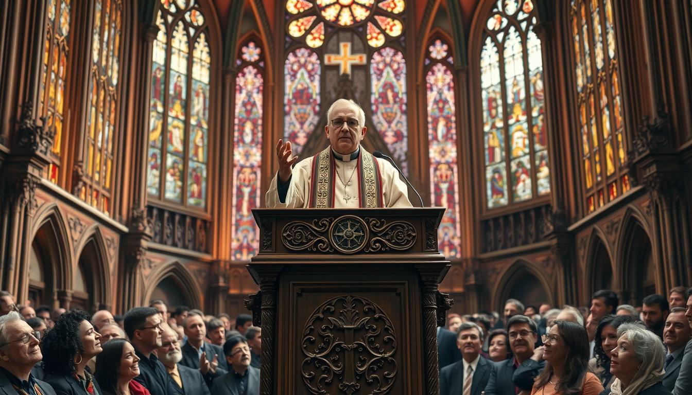 A vast, ornate cathedral looms in the background, its stained glass windows casting a warm, ethereal glow. In the foreground, a podium stands, adorned with intricate religious symbols and carvings. Upon the podium, a figure in a flowing robe and clerical vestments gestures emphatically, their expression a mix of authority and conviction. Around the podium, a crowd of people listen intently, their faces a tapestry of diverse reactions - some nodding in agreement, others furrowing their brows in contemplation. The scene evokes a sense of power, tradition, and the tension between religious beliefs and civil rights.